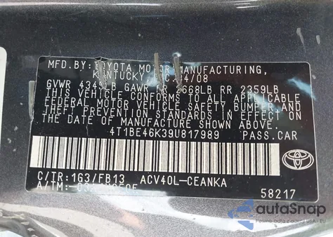 2009 Toyota Camry Le z USA, uszkodzony, nr VIN 4T1BE46K39U817989